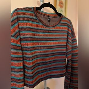 Multicolor Stripped Cropped Knit Long Sleeve Pullover Sweater | Large